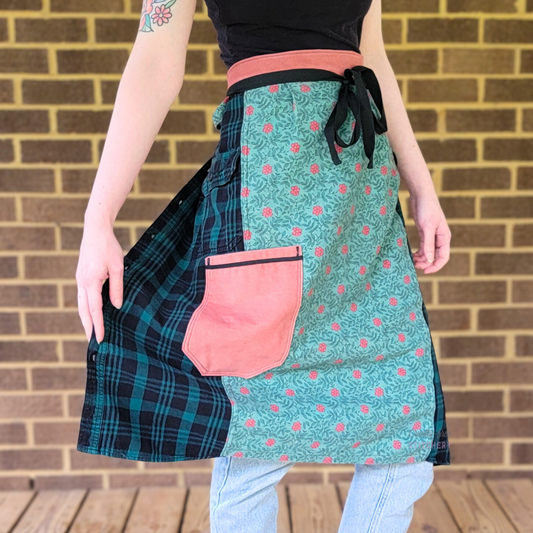 Teal Plaid Floral Half Apron One Pocket (M-XL)