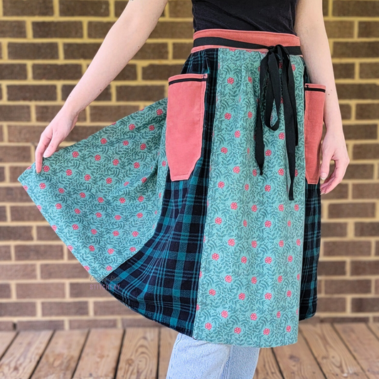 Teal Plaid Floral Half Apron Two Pockets (XL-3X)