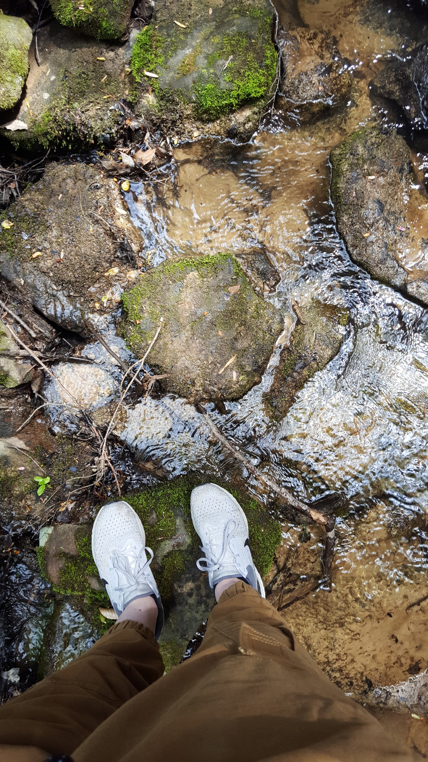 Overhead photo of Abby standing on a rock with shallow water flowing underneath. She is wearing dark khaki cargo joggers and light grey tennis shoes.