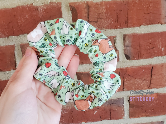 Green with tiny goats and strawberries print scrunchie.