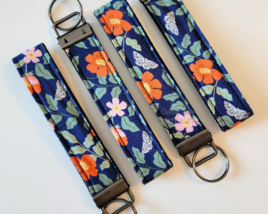 Navy Orange Floral Key Fob Wristlet
