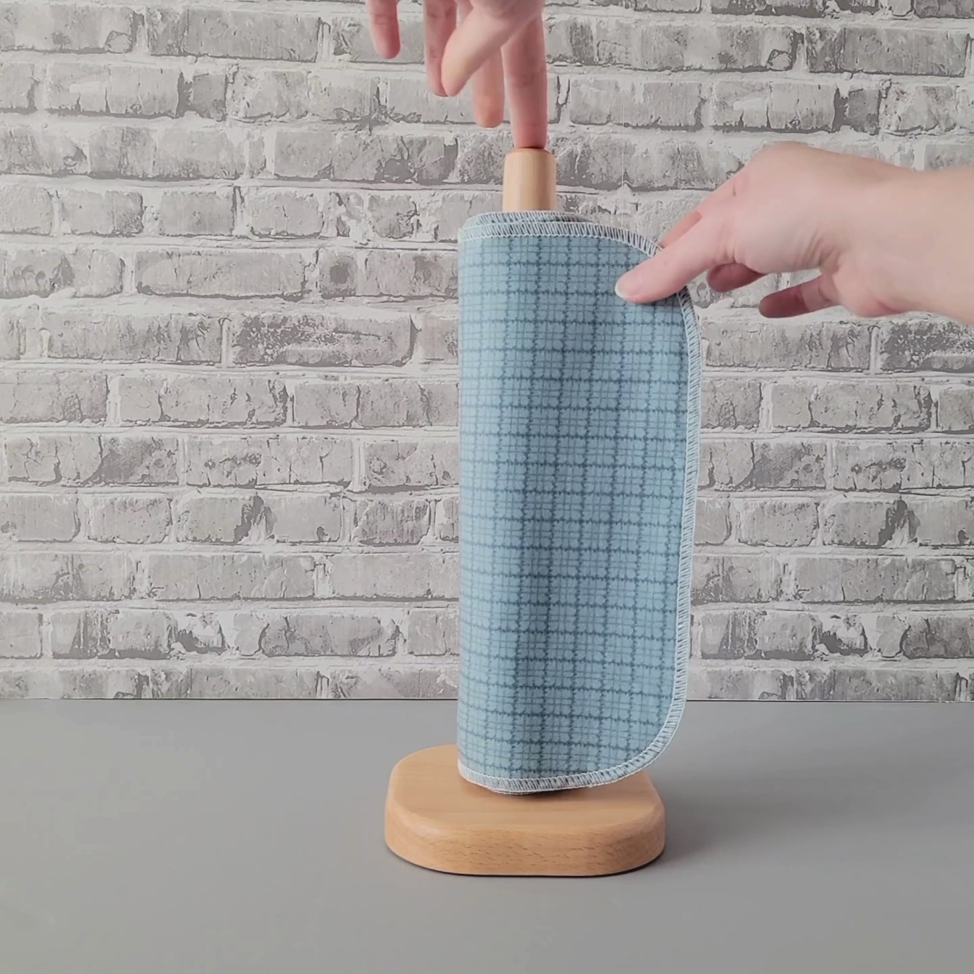 Unrolling a Blue Kitchen Plaid NonPaper Towel