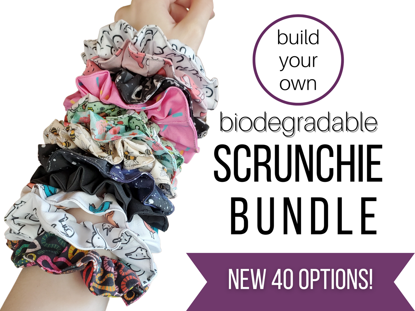 Build your own biodegradable scrunchie bundle - new 40 options. Photo shows a random assortment of about 12 scrunchies stacked on my arm.