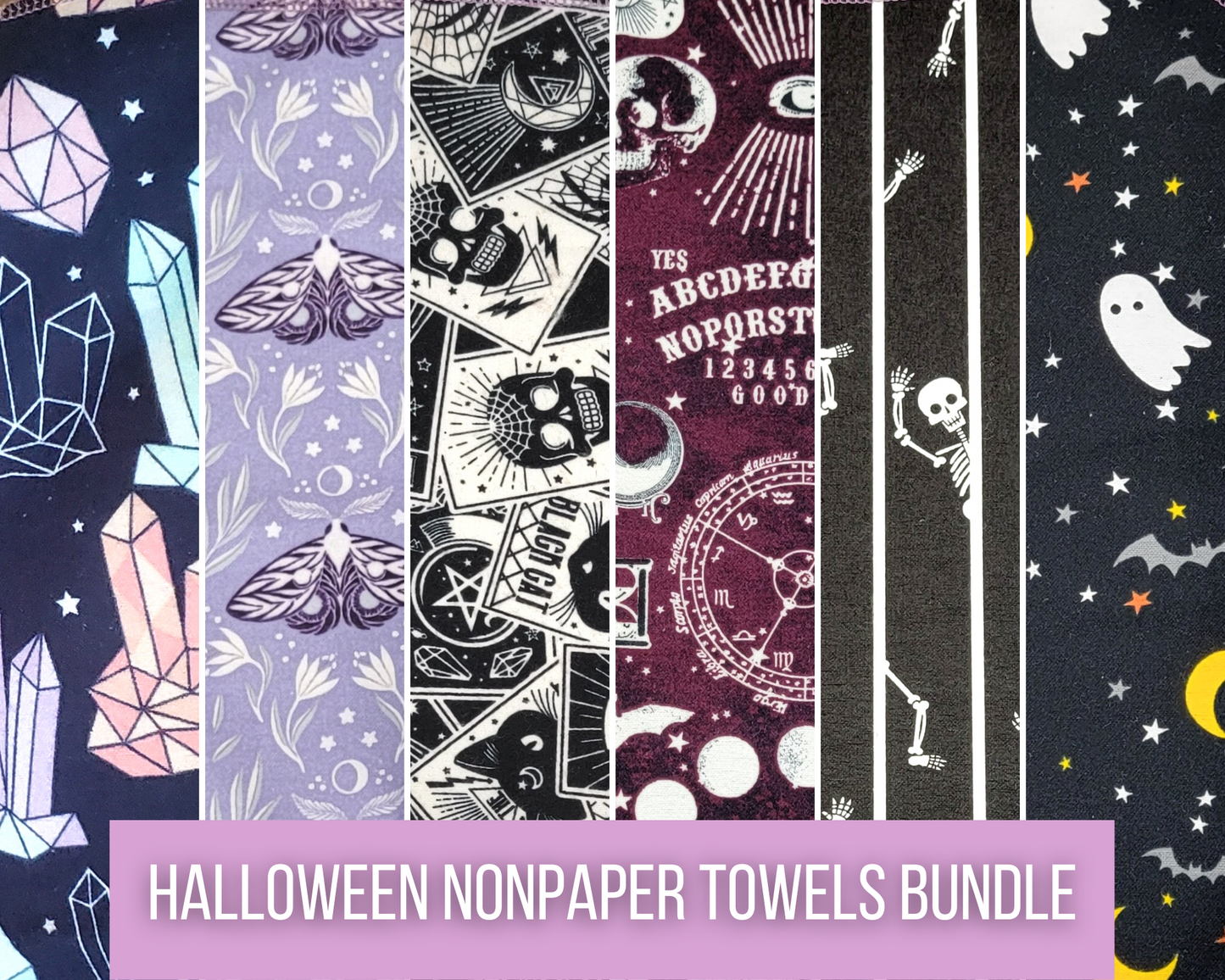 Halloween Bundle of NonPaper Towels. A collage of 6 prints - crystals, moths, tarot cards, ouija board, skeletons, and ghosts.