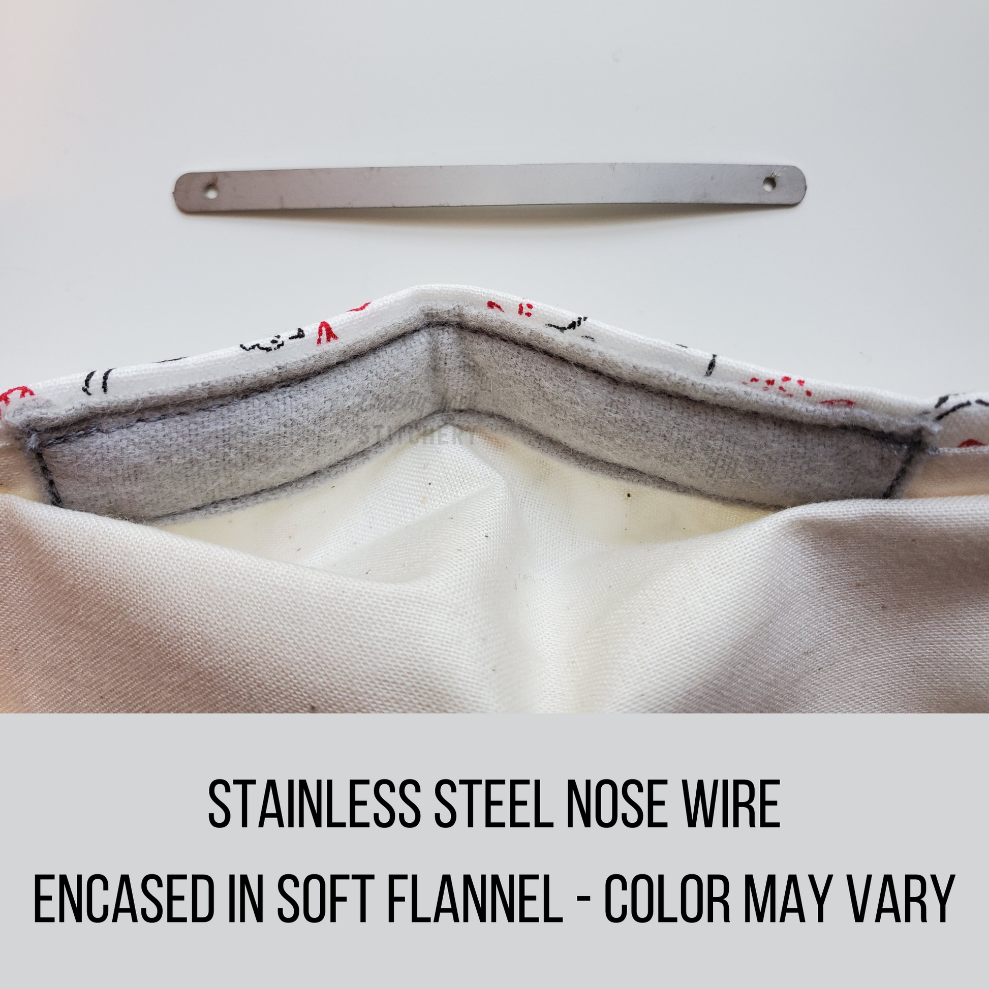 A separate flat stainless steel nose wire and close-up of the inside of the mask to show the wire. Text reads "stainless steel nose wire encased in soft flannel - color may vary."